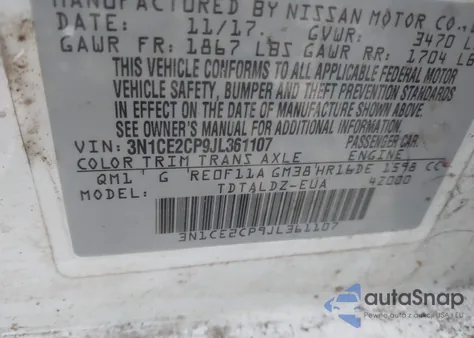 2018 Nissan Versa Note Sv z USA, uszkodzony, nr VIN 3N1CE2CP9JL361107